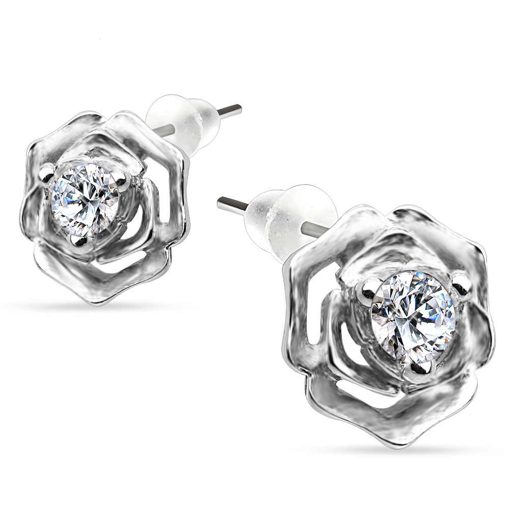 Large Silver Rose Earrings