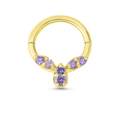 14K Yellow Gold Septum Clicker Nose Ring Amethyst Purple 16G