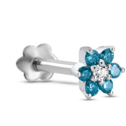 14K White Gold Labret Style Nose Stud 5mm White and Blue Flower Genuine Diamonds