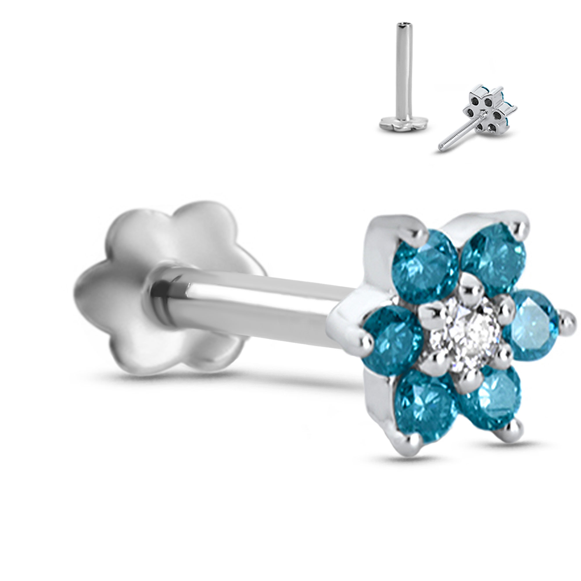 14K White Gold Labret Style Nose Stud 5mm White and Blue Flower Genuine Diamonds - Image 3