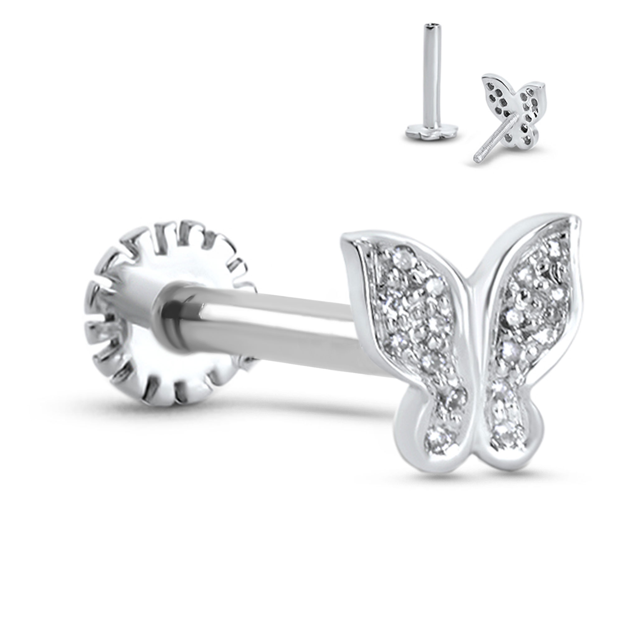 14K White Gold Labret Style Nose Stud 6mm Genuine Diamond Butterfly - Image 3