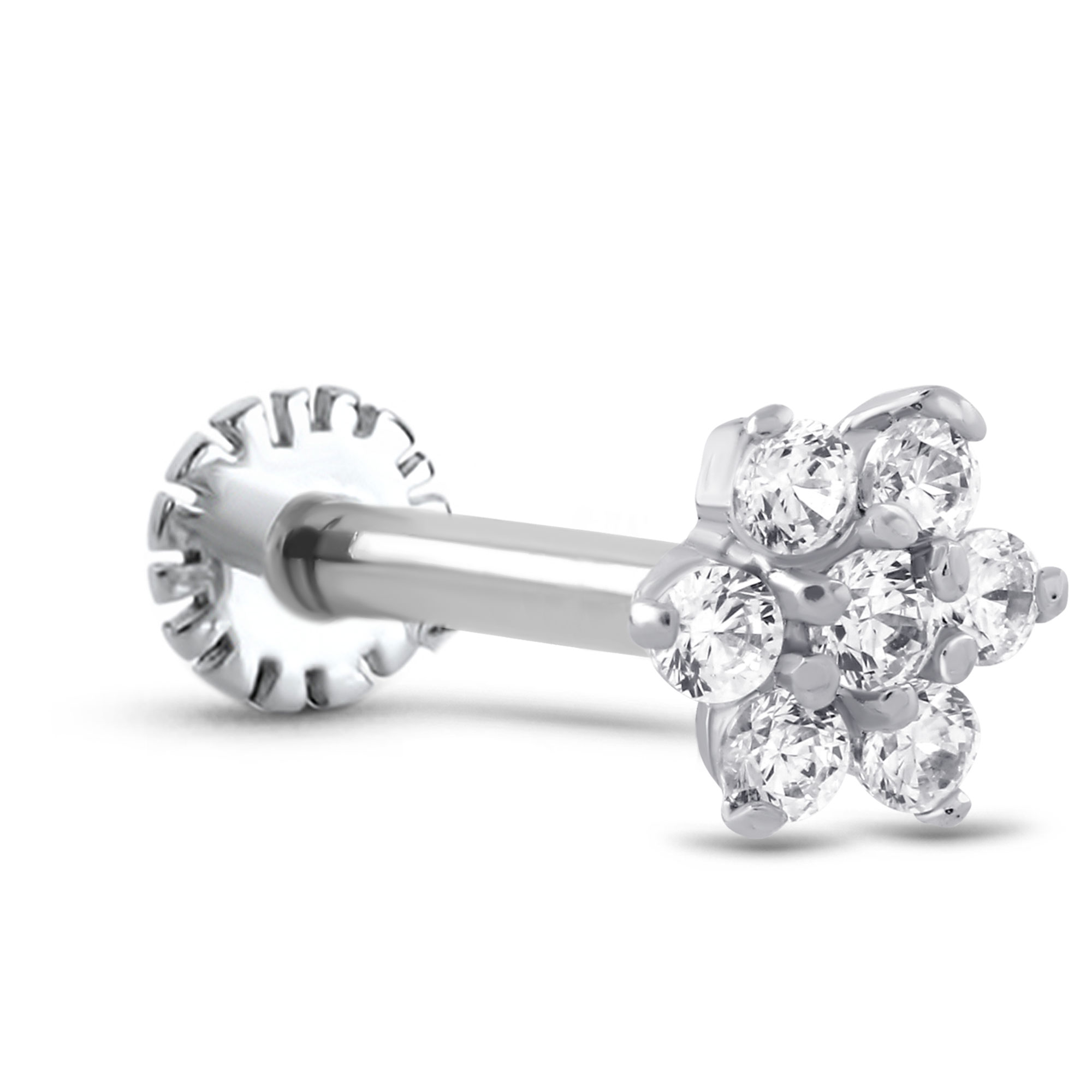 14K White Gold Labret Style Nose Stud 6mm Flower Genuine Diamonds