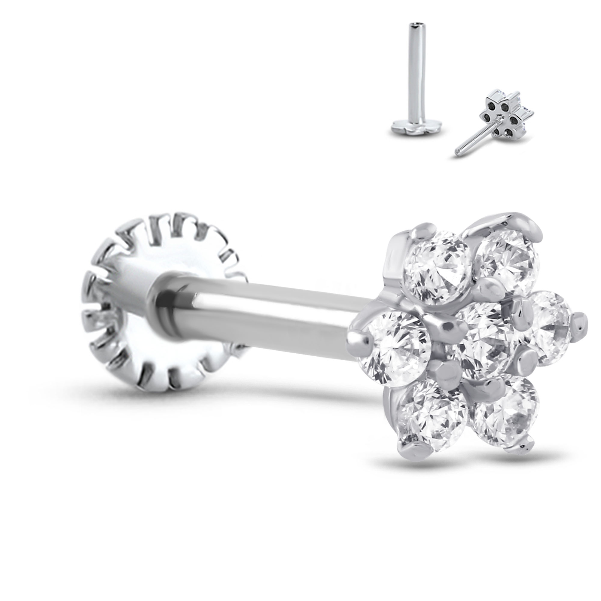 14K White Gold Labret Style Nose Stud 6mm Flower Genuine Diamonds - Image 3