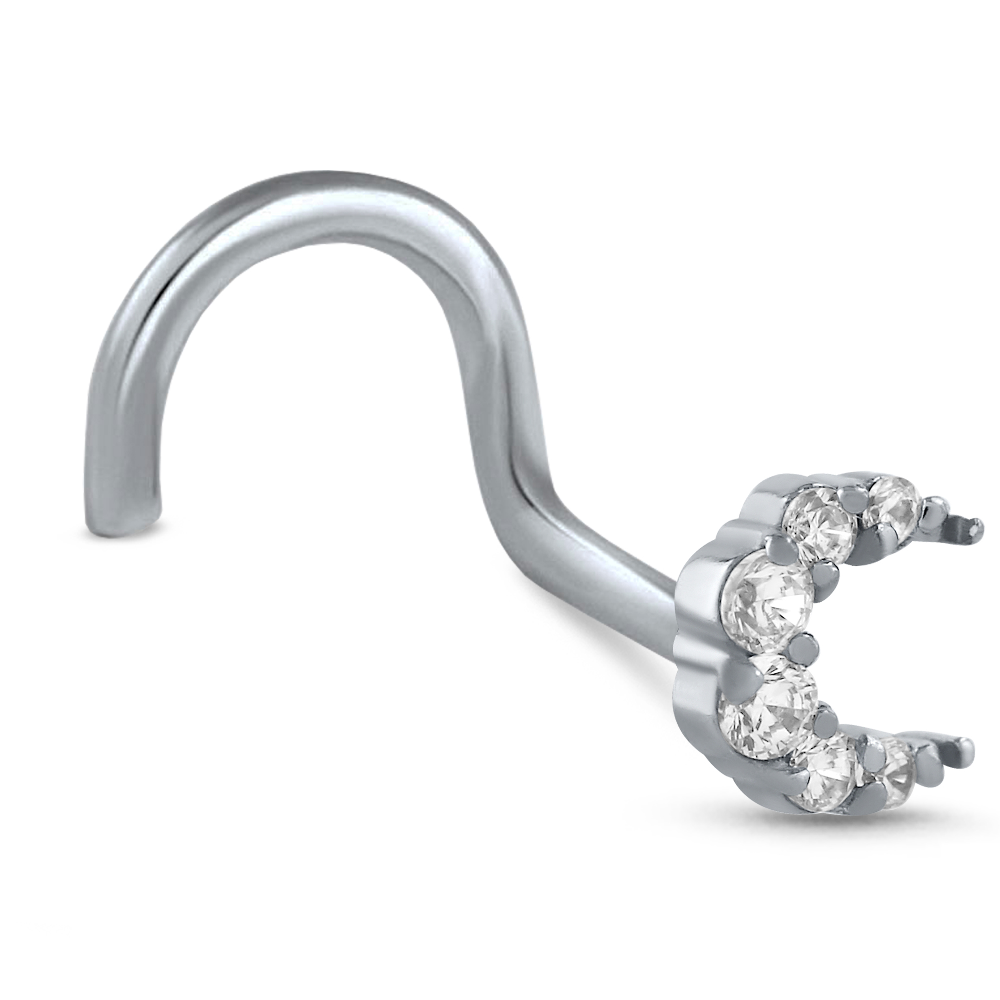 surgical steel nose stud in a right nostril screw style, featuring a moon design with 6 stones